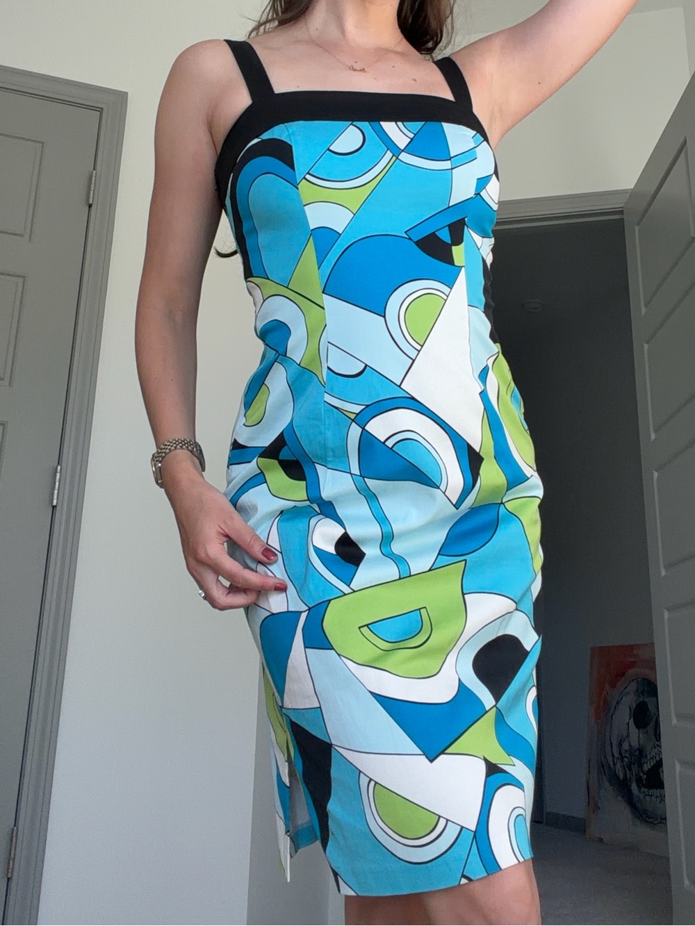 Vintage Aqua, Green & Black Geometric Midi Dress
